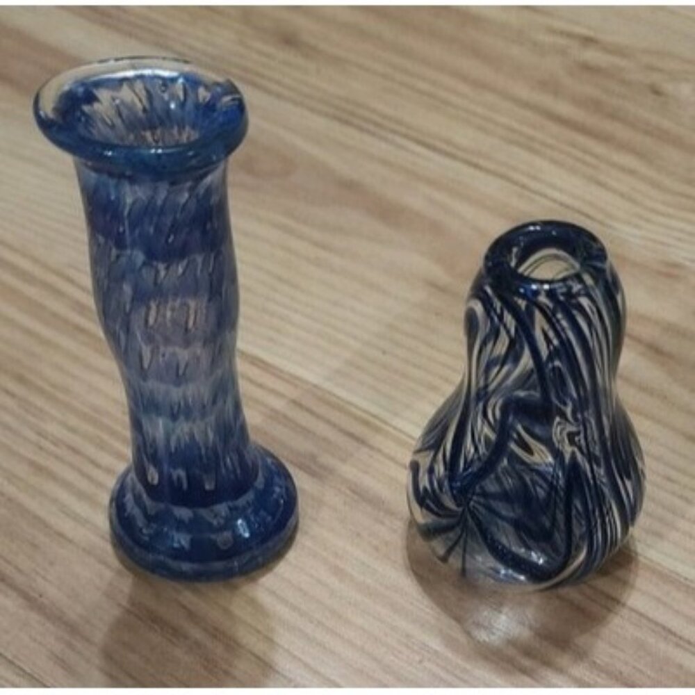 Mini Bud Vases Handblown Murano Style Art Glass Blue Swirl 3-4inches Tall Set 2